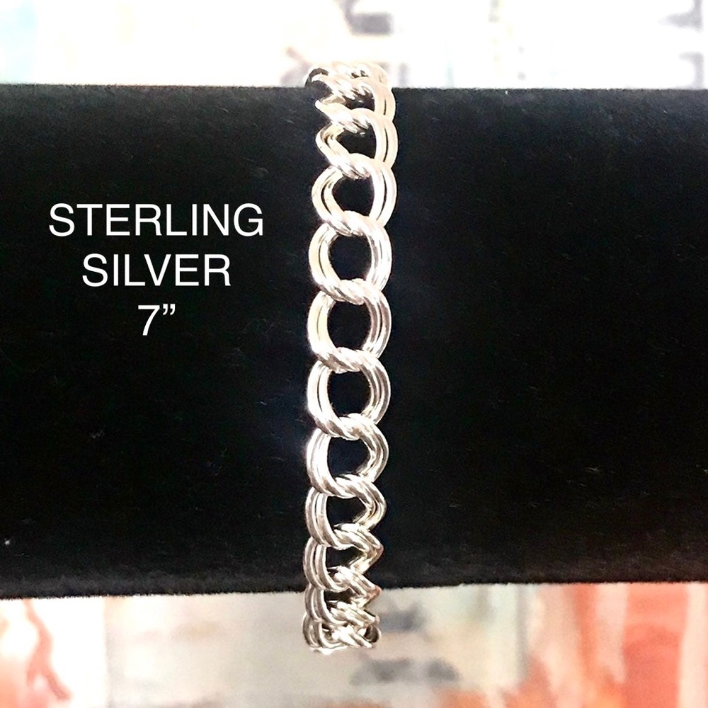 STERLING SILVER 925 DOUBLE CURB LINK CLASSIC CHAIN CHARM BRACELET WOMANS - 7”